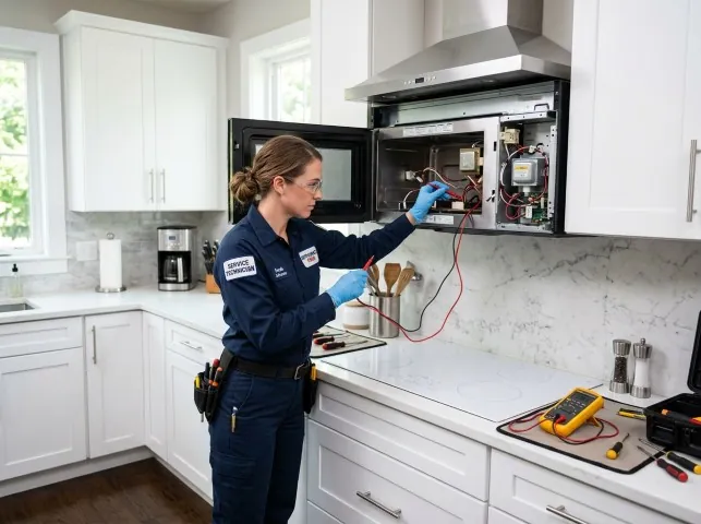 Appliance Repair Hero technician testing an over-the-range microwave in a Ashland, MA kitchen